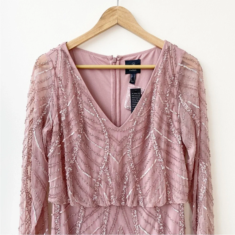 Adrianna Papell Pink Beaded Long Sleeve Gown - Picture 5 of 9